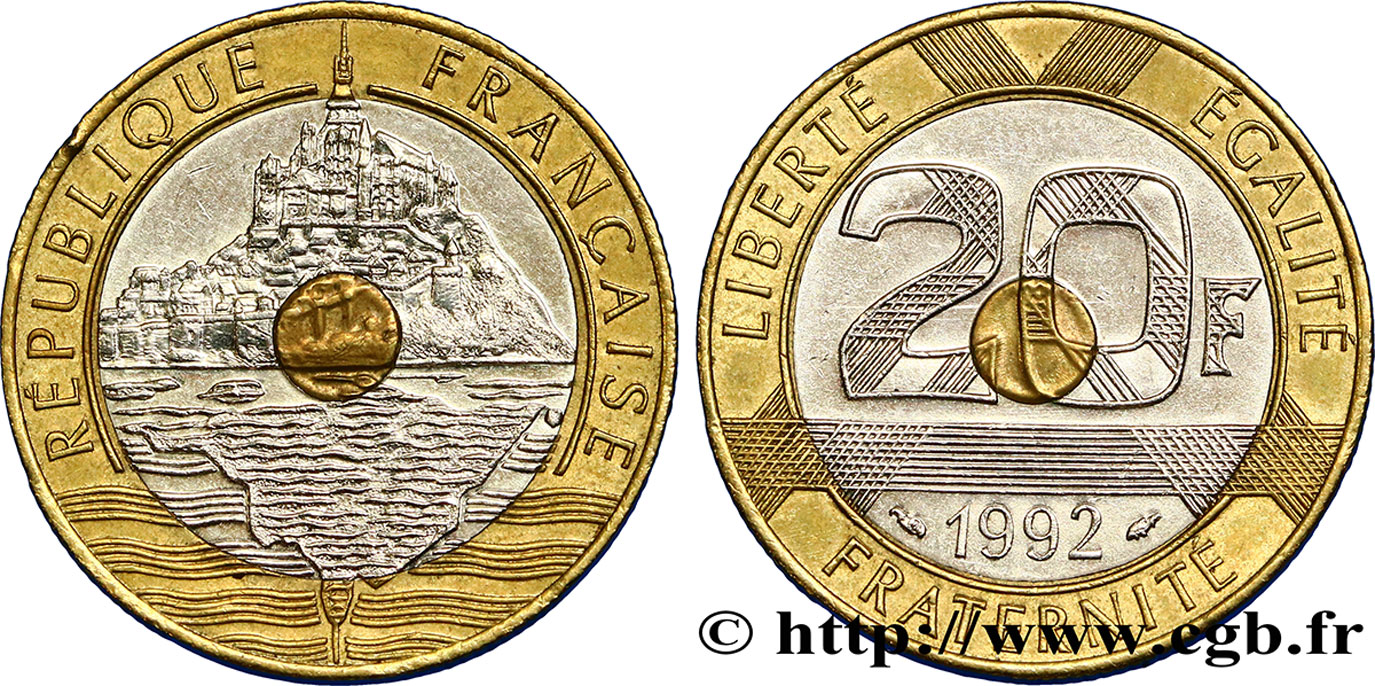 20 francs Mont Saint-Michel, 5 cannelures, V fermé 1992 Pessac F.403/2 AU50 