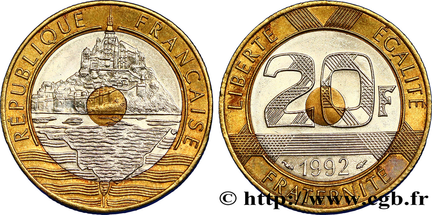20 francs Mont Saint-Michel, 5 cannelures, V fermé 1992 Pessac F.403/2 SS50 