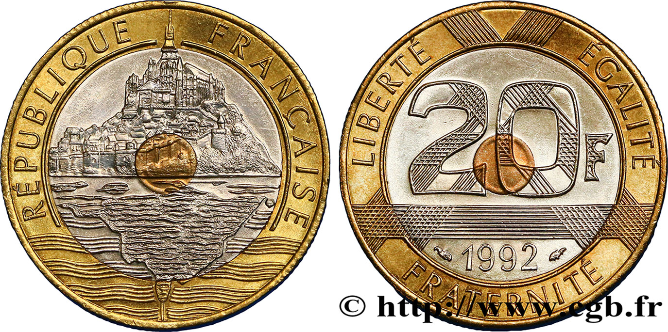 Valeur Piece 20 Francs 1992 Mont St Michel 20 francs Mont Saint-Michel, 5 cannelures, V fermé 1992 Pessac F.403/2  fmd_381229 Modern coins