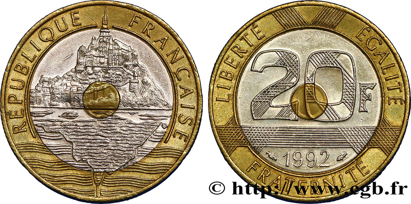 20 francs Mont Saint-Michel, 5 cannelures, V fermé 1992 Pessac F.403/2 MBC50 