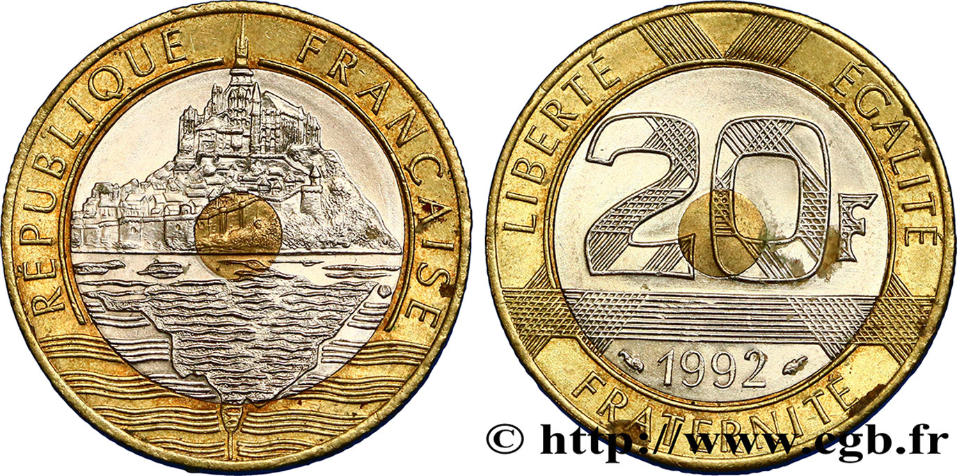 20 francs Mont Saint-Michel, 5 cannelures, V fermé 1992 Pessac F.403/2 AU50 