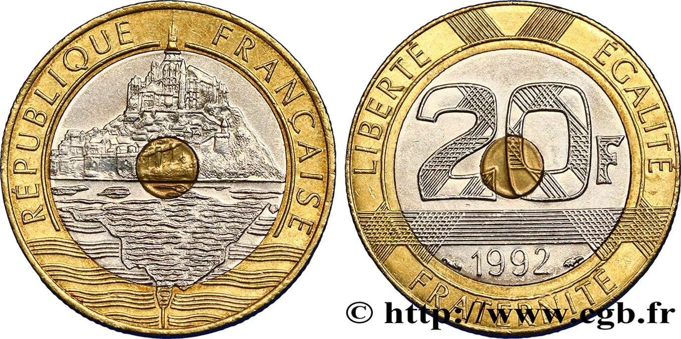 20 francs Mont Saint-Michel, 5 cannelures, \ / ouvert 1992 Pessac F.403/3 TTB50 