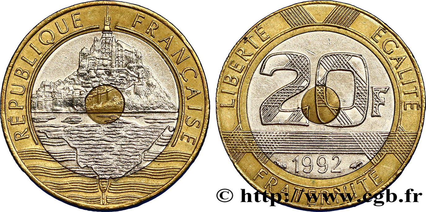20 francs Mont Saint-Michel, 5 cannelures, \ / ouvert 1992 Pessac F.403/3 AU50 