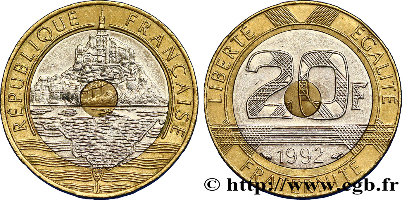 20 francs Mont Saint-Michel, 5 cannelures, \ / ouvert 1992 Pessac F.403/3 AU50 
