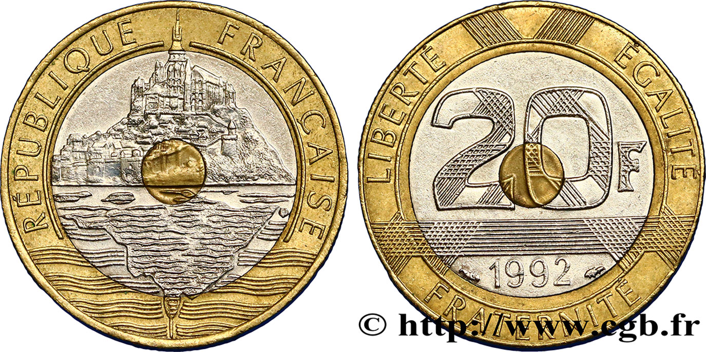 20 francs Mont Saint-Michel, 5 cannelures, \ / ouvert 1992 Pessac F.403/3 TTB50 