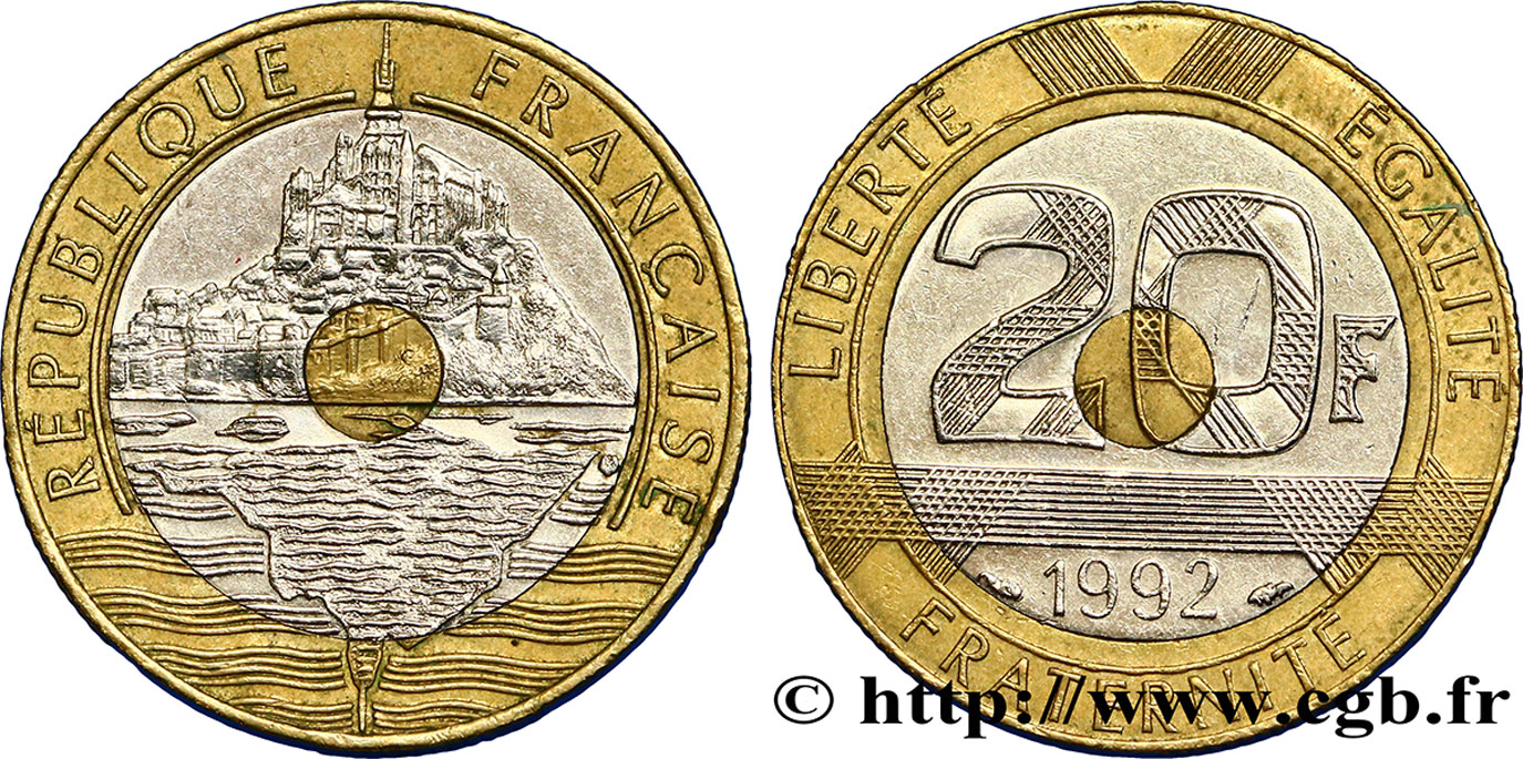 20 francs Mont Saint-Michel, 5 cannelures, \ / ouvert 1992 Pessac F.403/3 TTB50 