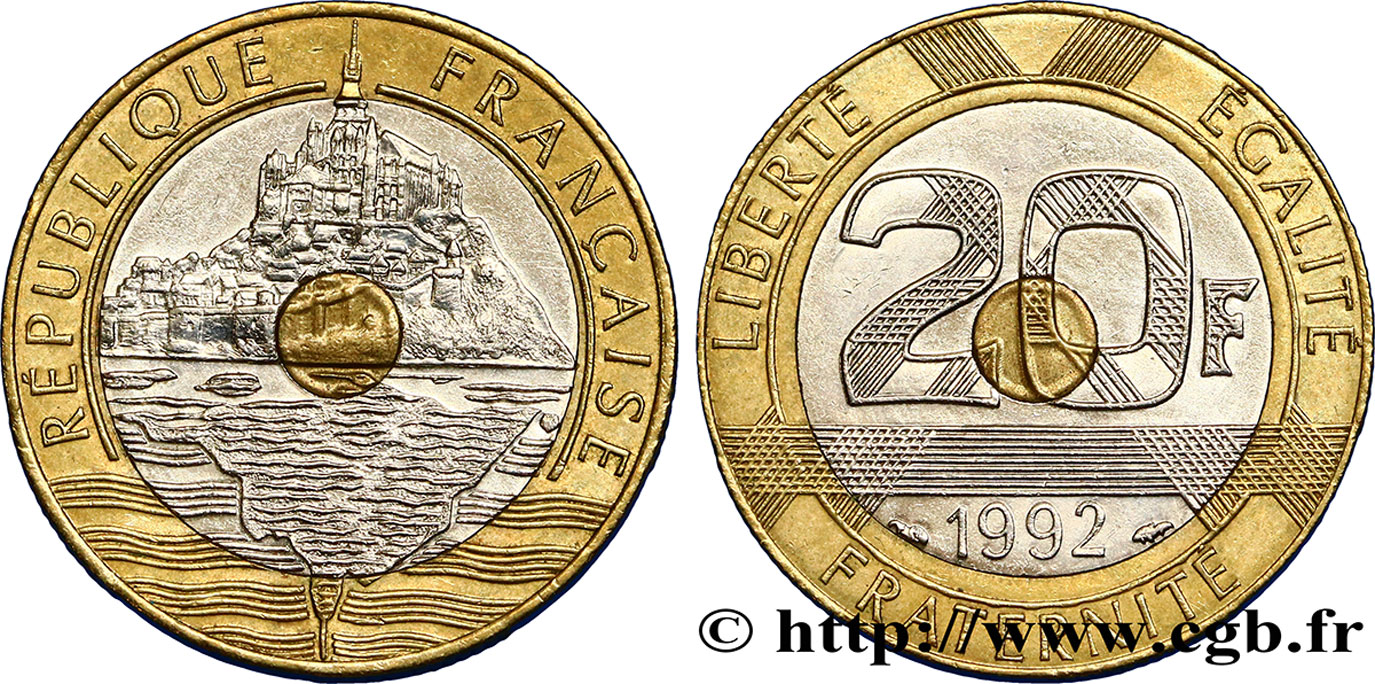 20 francs Mont Saint-Michel, 5 cannelures, \ / ouvert 1992 Pessac F.403/3 BB50 