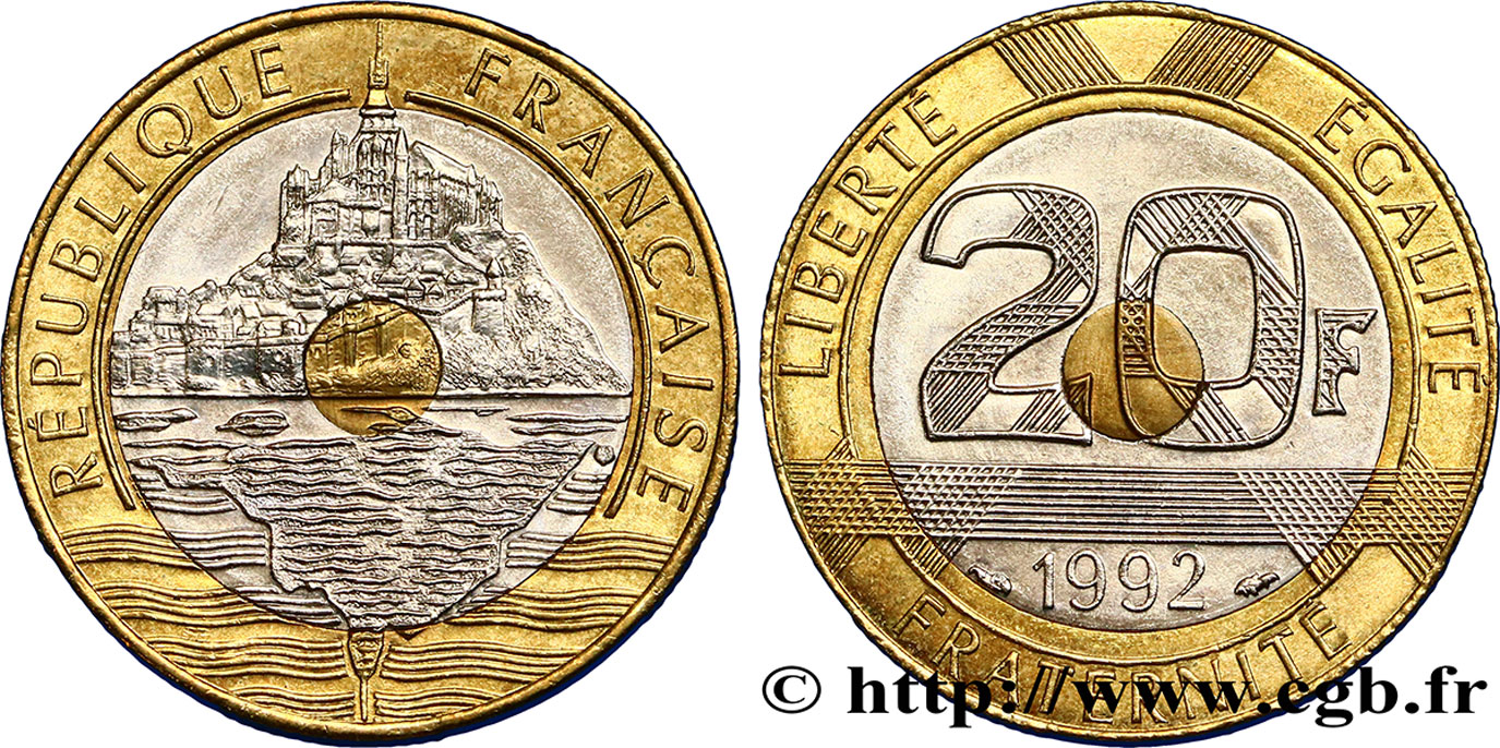 20 francs Mont Saint-Michel, 5 cannelures, \ / ouvert 1992 Pessac F.403/3 AU50 