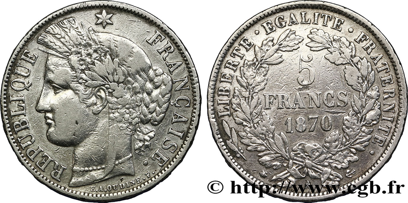 5 francs Cérès, avec légende 1870 Paris F.333/1 S 