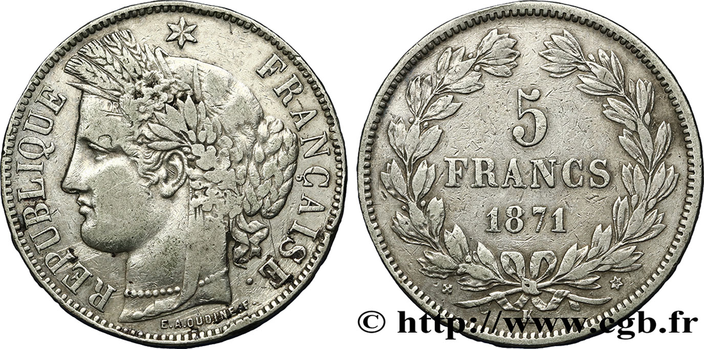 5 francs Cérès, sans légende 1871 Bordeaux F.332/8 S25 