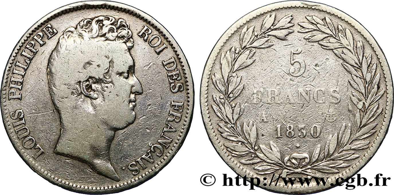 5 francs type Tiolier sans le I, tranche en relief 1830  Paris F.314/1 MB15 