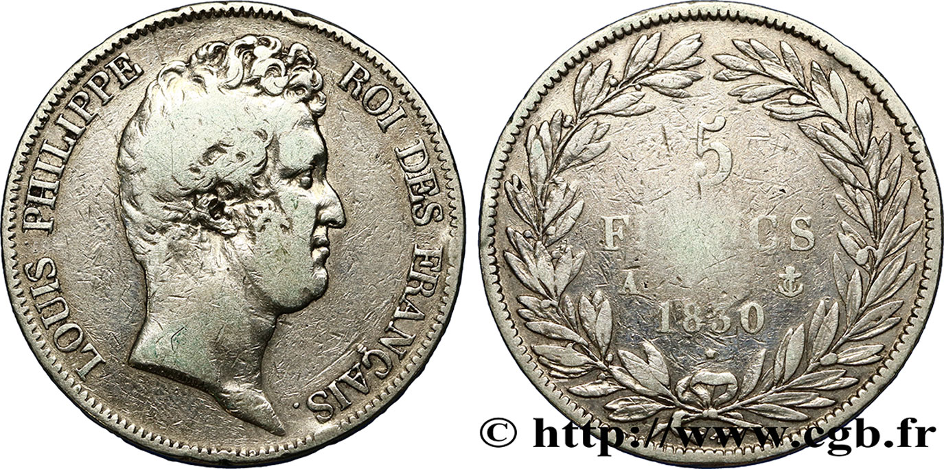5 francs type Tiolier sans le I, tranche en creux 1830 Paris F.313/1 TB15 