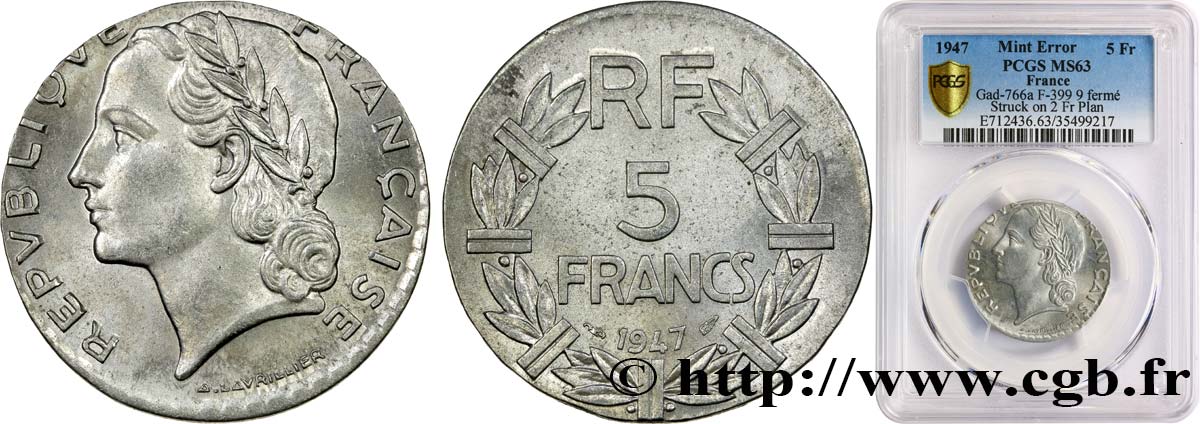 5 francs Lavrillier en aluminium, fauté de frappe 1947 Paris F.339/9 var. SC63 PCGS