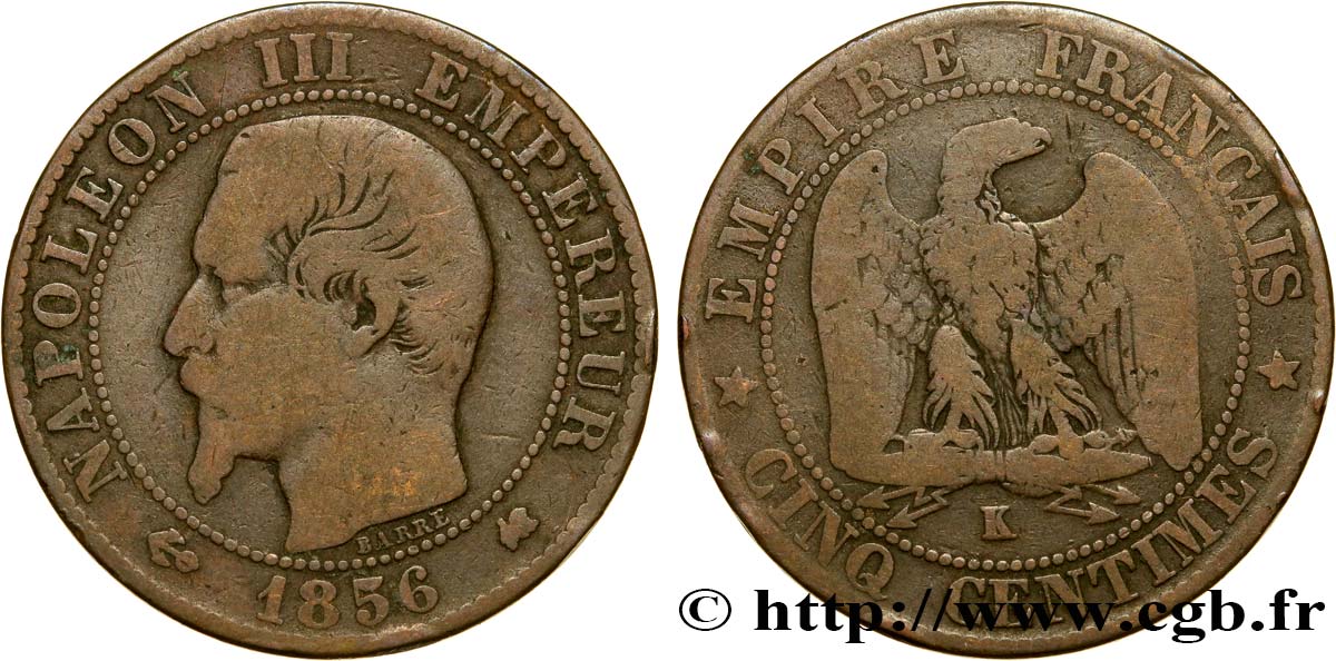 Cinq centimes Napoléon III, tête nue 1856 Bordeaux F.116/34 TB25 