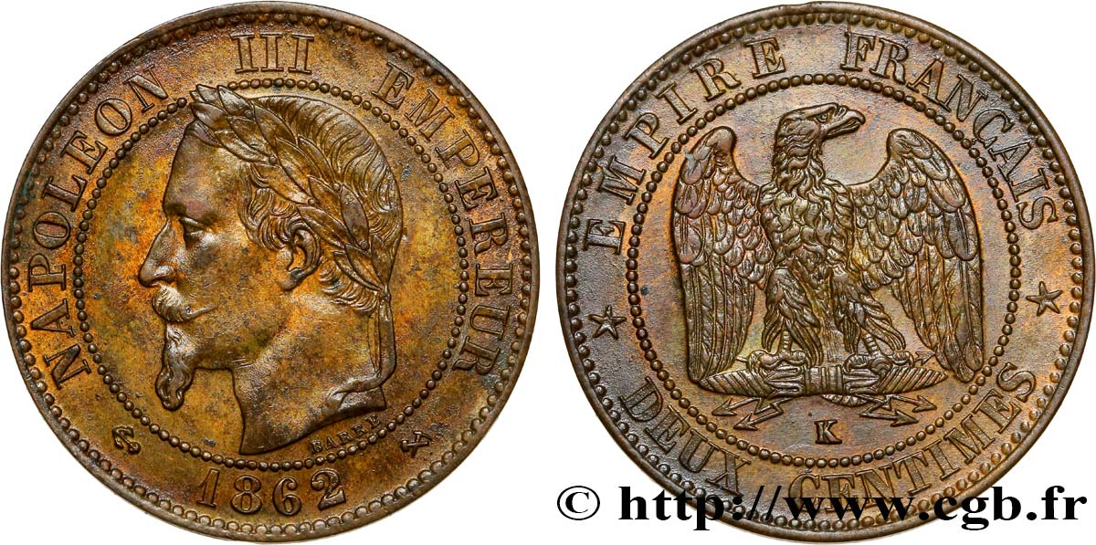 Deux centimes Napoléon III, tête laurée, buste définitif 1862 Bordeaux F.108A/7 AU52 