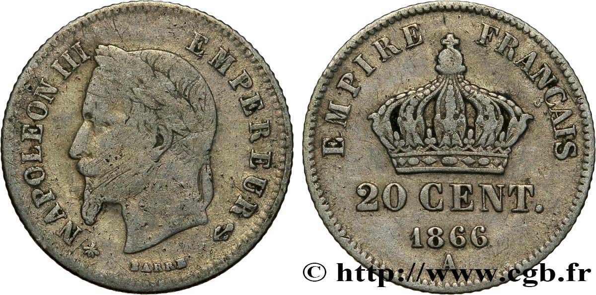 20 centimes III Napoléon tête laurée, petit module 1866 Paris F.149/4 TB15 