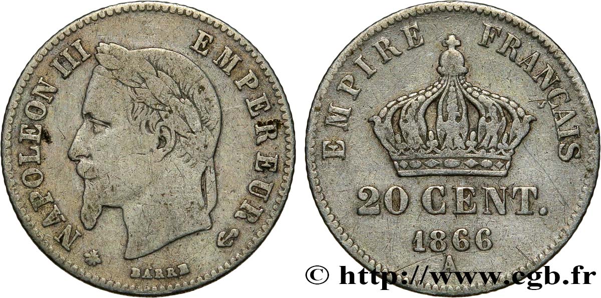 20 centimes III Napoléon tête laurée, petit module 1866 Paris F.149/4 F15 
