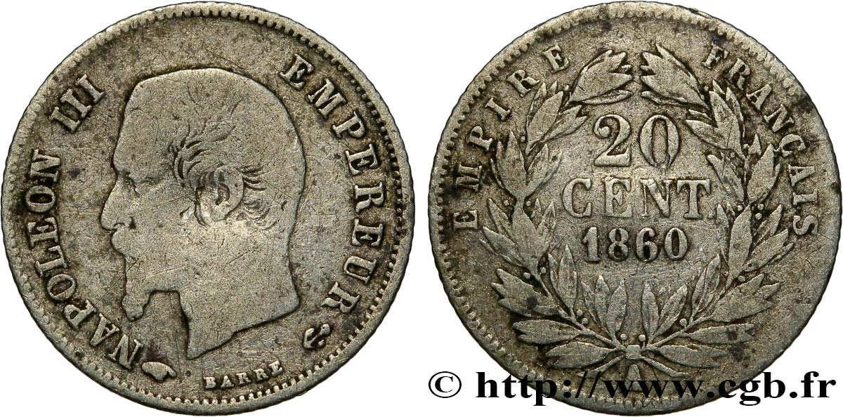 20 centimes Napoléon III, tête nue 1860 Paris F.148/14 B10 