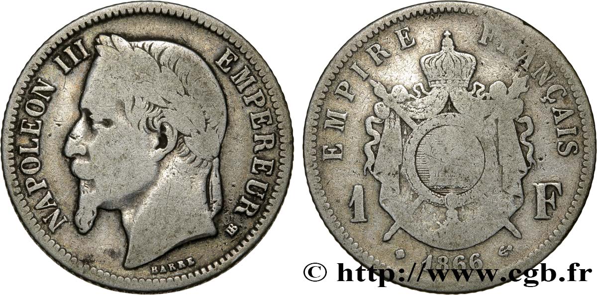 1 franc Napoléon III, tête laurée 1866 Strasbourg F.215/4 TB15 