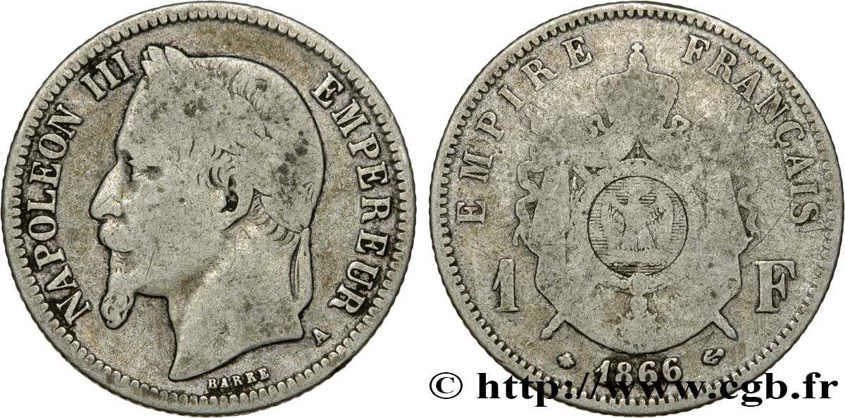 1 franc Napoléon III, tête laurée 1866 Paris F.215/3 TB15 