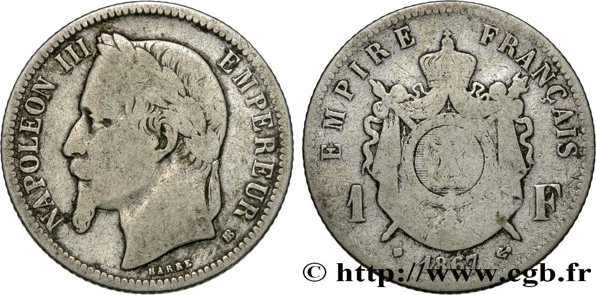 1 franc Napoléon III, tête laurée 1867 Strasbourg F.215/7 B12 