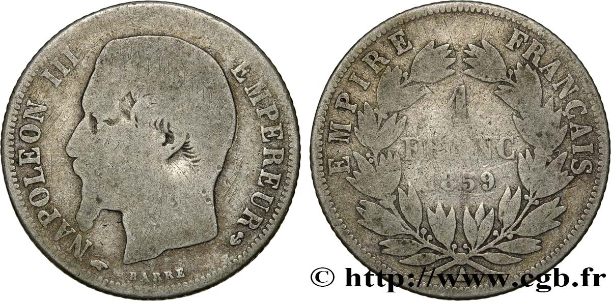 1 franc Napoléon III, tête nue  1859 Paris F.214/12 B10 