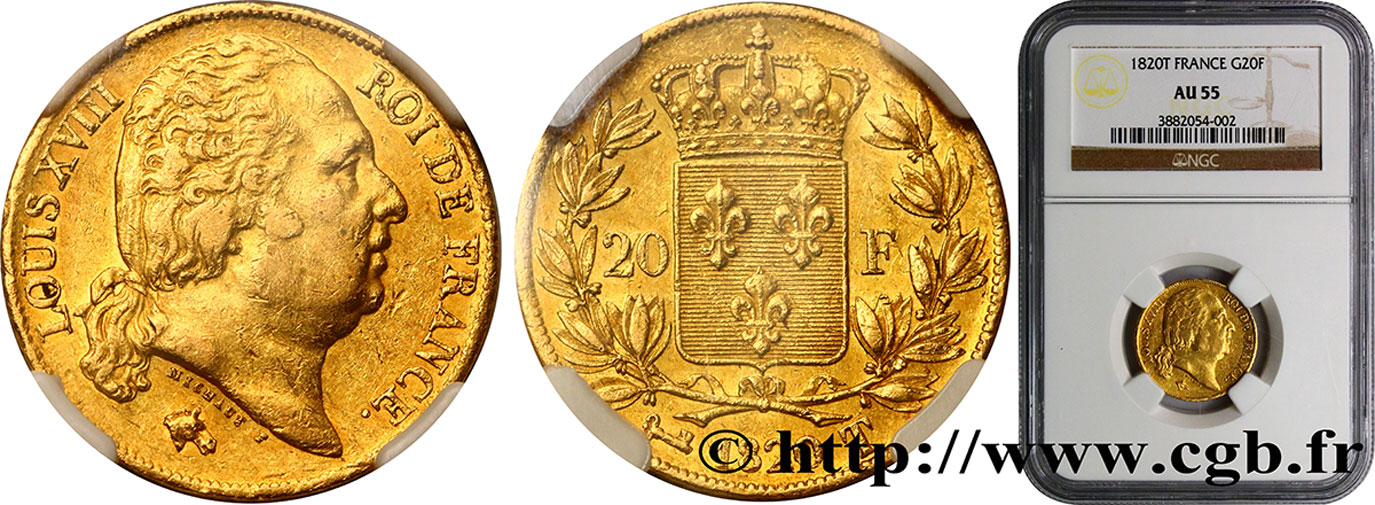 20 francs or Louis XVIII, tête nue 1820 Nantes F.519/22 AU55 NGC