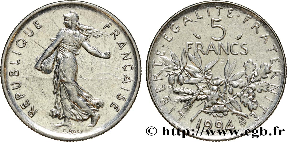 5 francs Semeuse, nickel, différent dauphin 1994 Pessac F.341/29 SUP55 