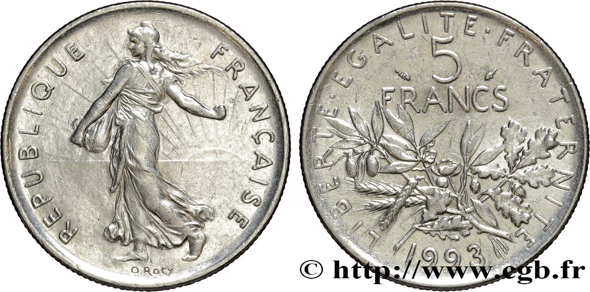 5 francs Semeuse, nickel 1993 Pessac F.341/27 AU55 