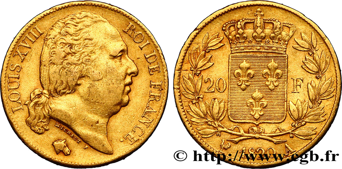 20 francs or Louis XVIII, tête nue 1820 Paris F.519/19 TB35 