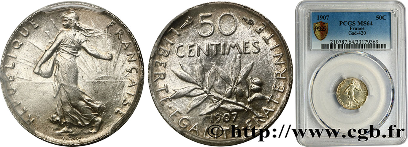 50 centimes Semeuse 1907  F.190/14 SPL64 PCGS