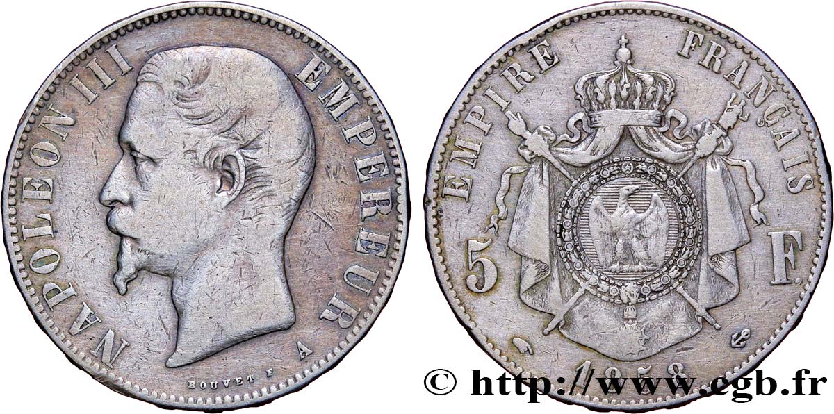 5 francs Napoléon III, tête nue 1858 Paris F.330/11 VF25 