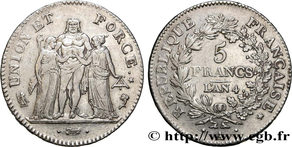 5 francs Union et Force, Union desserré, avec glands intérieurs et gland extérieur 1796 Paris F.291/1 MBC 