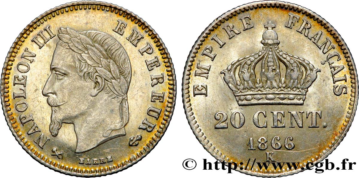 20 centimes Napoléon III, tête laurée, petit module 1866 Bordeaux F.149/6 SPL58 