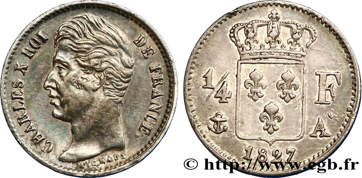 1/4 franc Charles X 1827 Paris F.164/10 AU52 