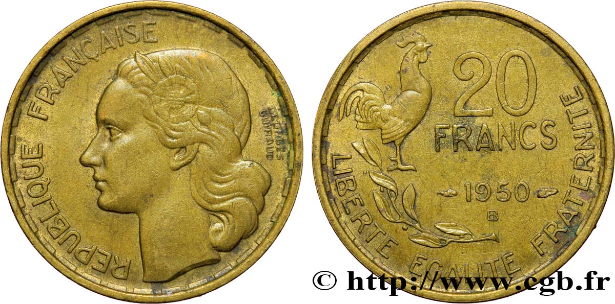 20 francs Georges Guiraud, 4 faucilles 1950 Beaumont-Le-Roger F.401/3 TB+ 