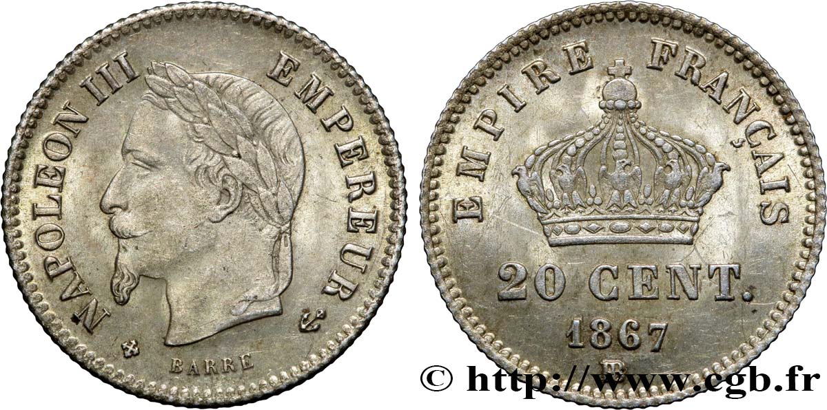 20 centimes Napoléon III, tête laurée, grand module 1867 Strasbourg F.150/2 BB48 