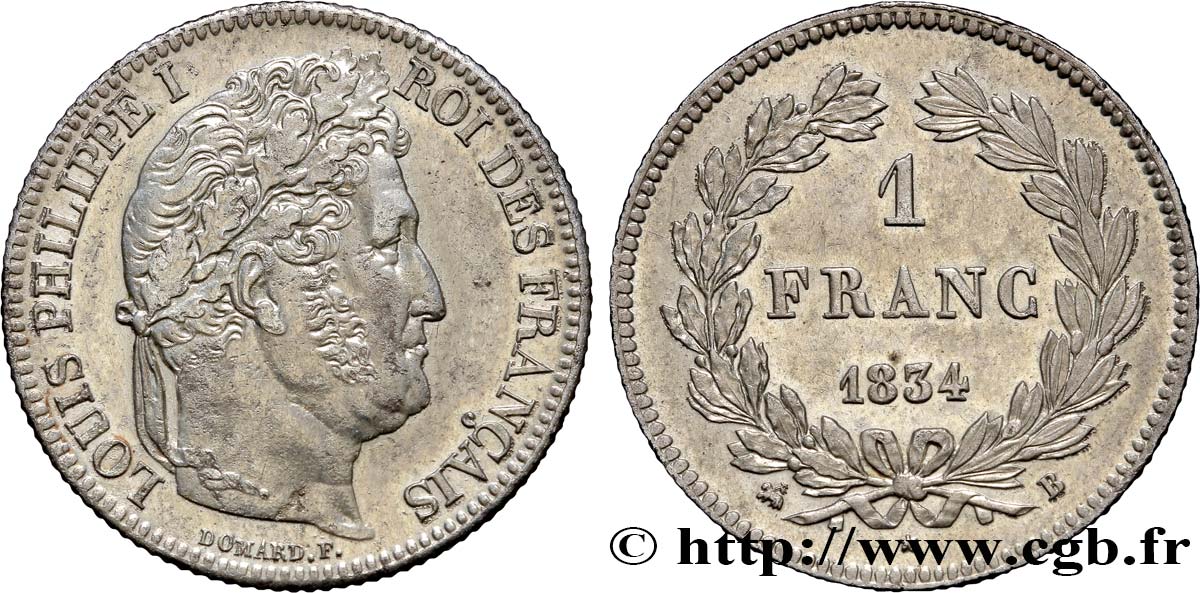1 franc Louis-Philippe, couronne de chêne 1834 Rouen F.210/28 fVZ 
