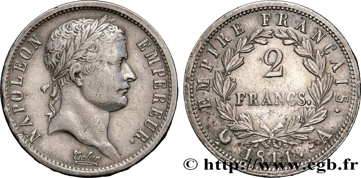 2 francs Napoléon Ier tête laurée, Empire français 1811 Paris F.255/24 XF48 