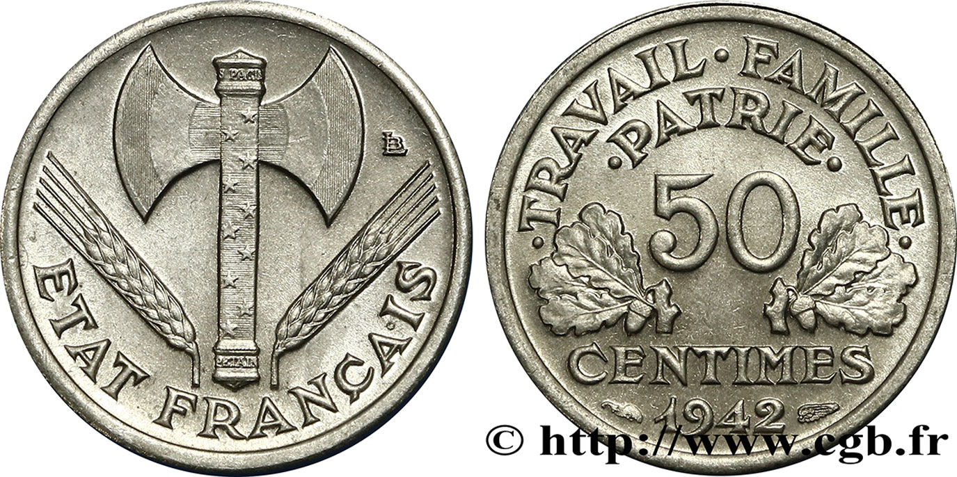 50 centimes Francisque, lourde 1942  F.195/3 SUP62 