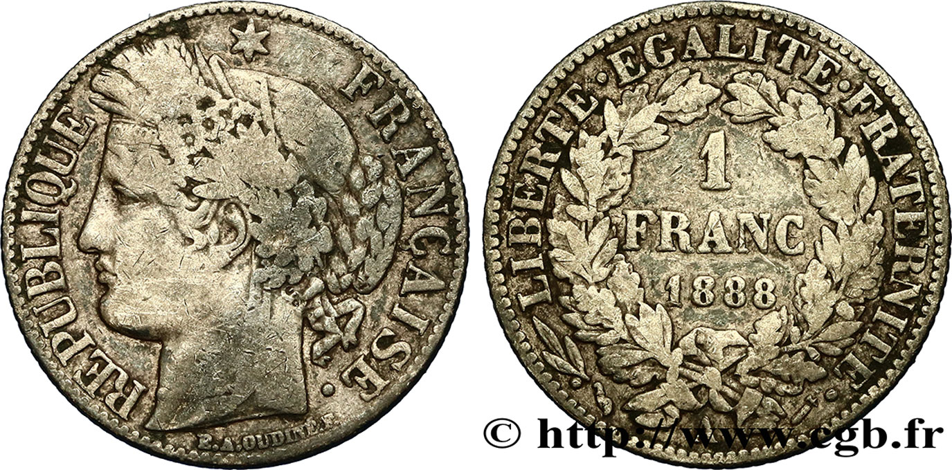 1 franc Cérès, Troisième République 1888 Paris F.216/10 TB30 