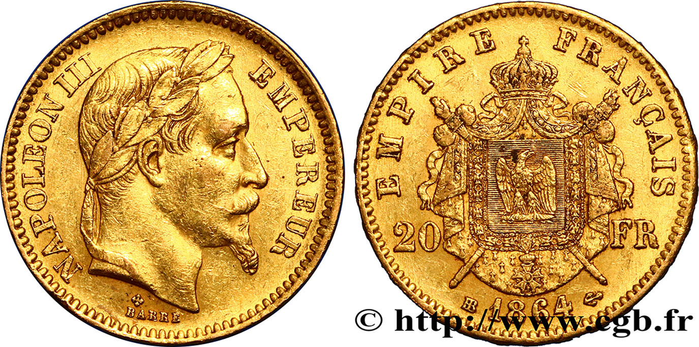 20 francs or Napoléon III, tête laurée 1864 Strasbourg F.532/9 TTB45 