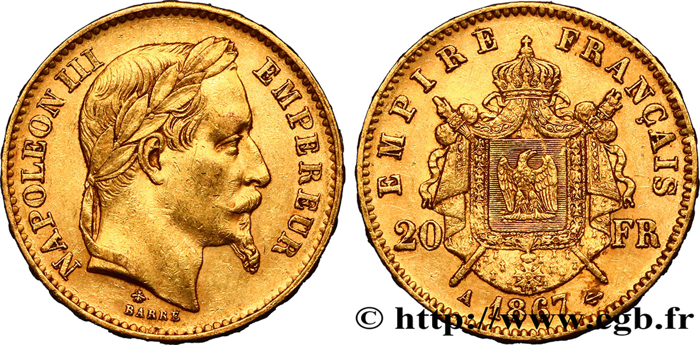 20 francs or Napoléon III, tête laurée 1867 Paris F.532/15 TTB50 