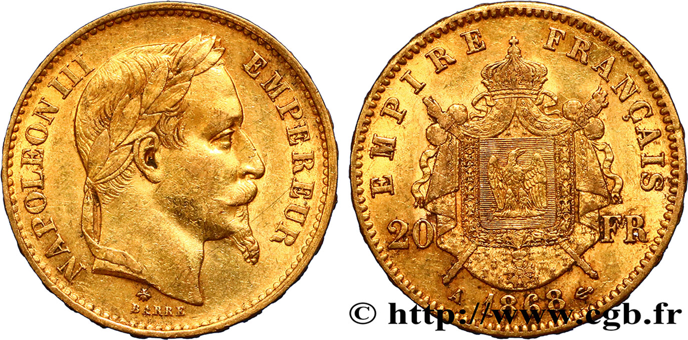 20 francs or Napoléon III, tête laurée 1868 Paris F.532/18 XF45 