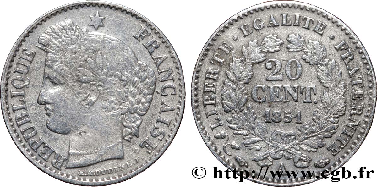 20 centimes Cérès, IIe République 1851 Paris F.146/7 MB30 
