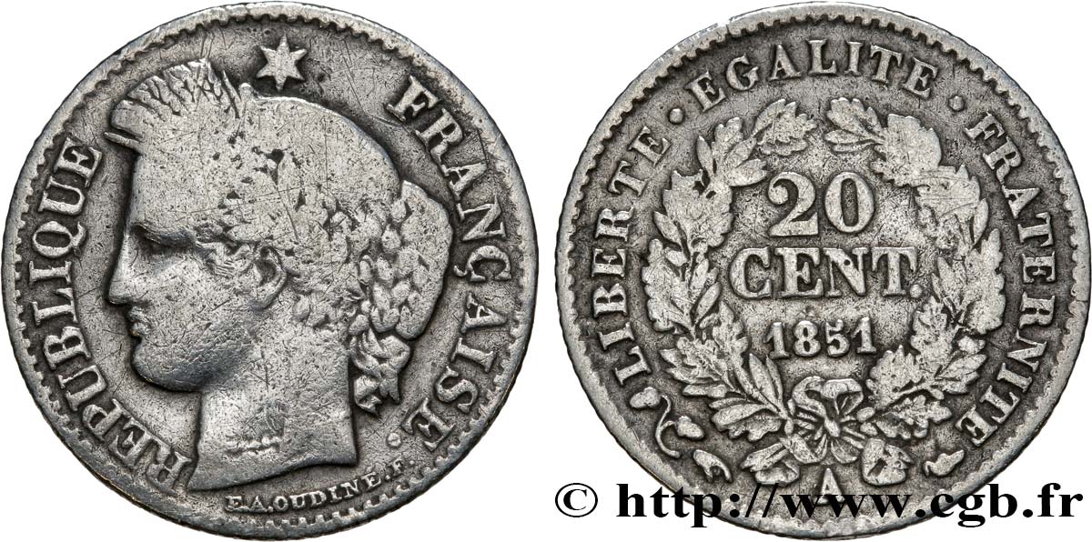 20 centimes Cérès, IIe République 1851 Paris F.146/7 TB30 