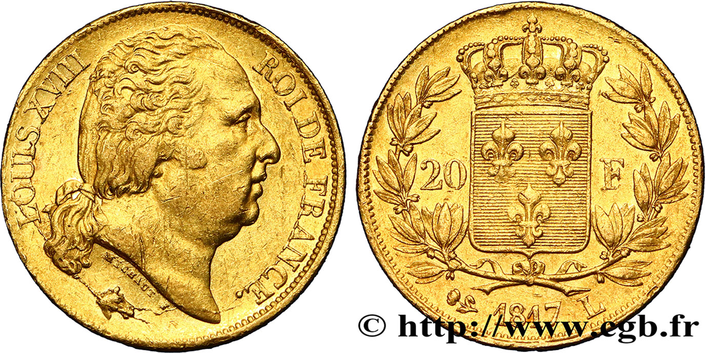 20 francs or Louis XVIII, tête nue 1817 Bayonne F.519/7 MBC50 