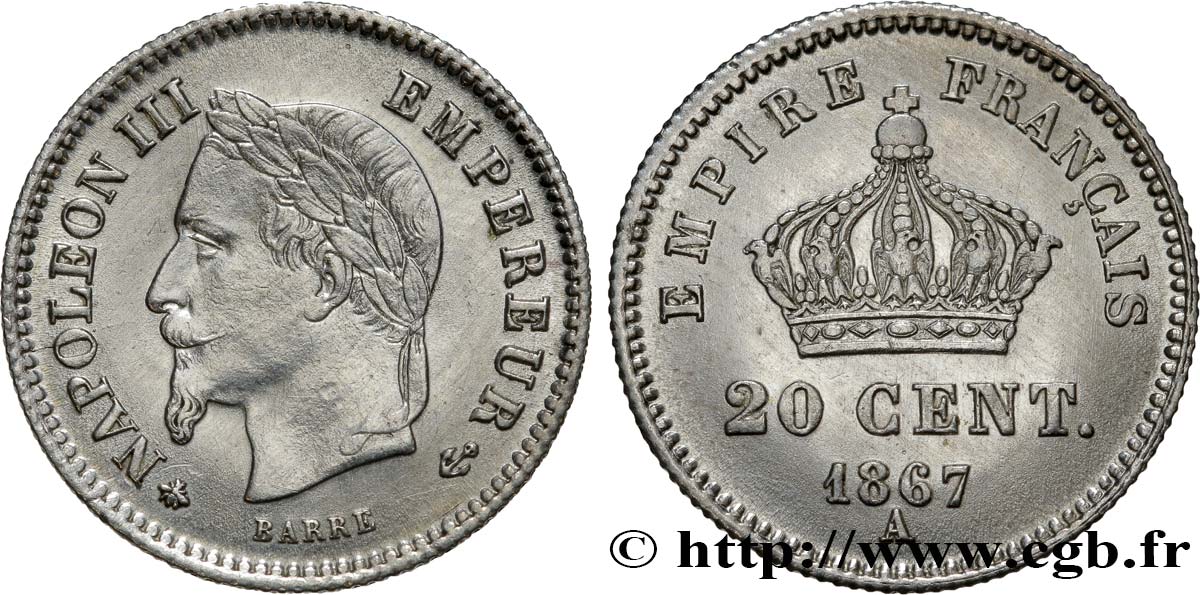 20 centimes Napoléon III, tête laurée, grand module 1867 Paris F.150/1 SPL55 