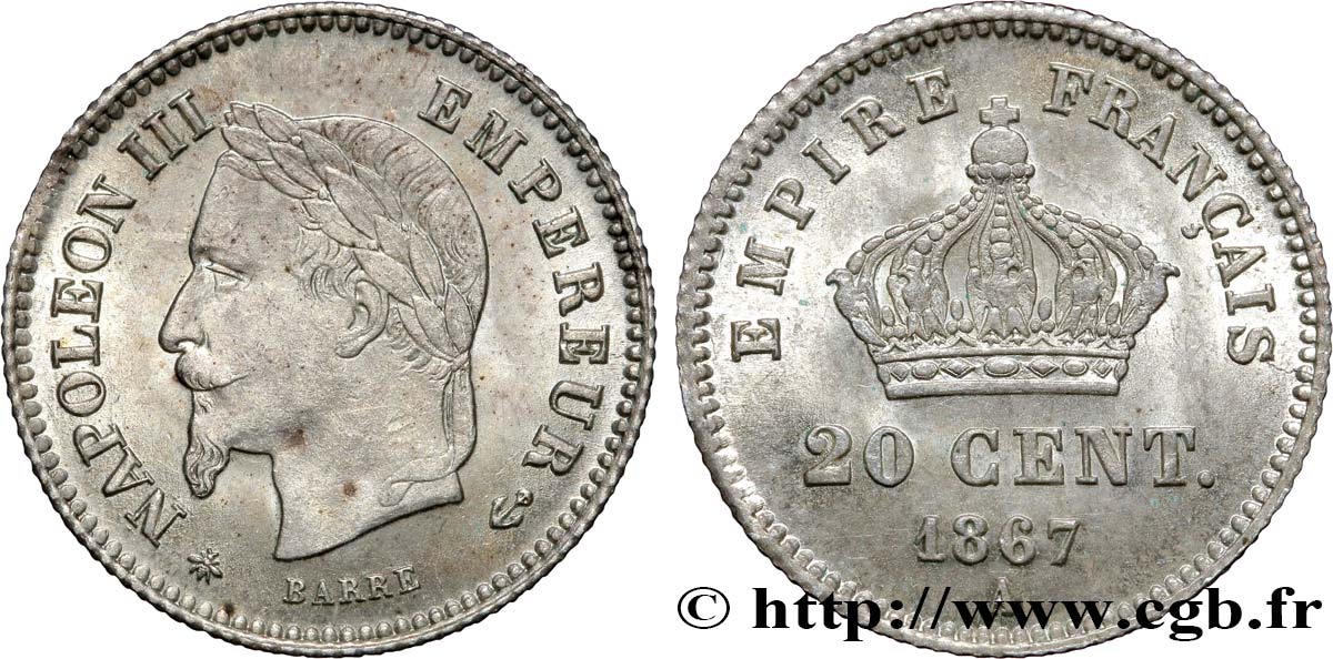 20 centimes Napoléon III, tête laurée, grand module 1867 Paris F.150/1 SUP62 