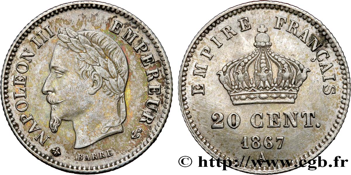 20 centimes Napoléon III, tête laurée, grand module 1867 Paris F.150/1 XF48 